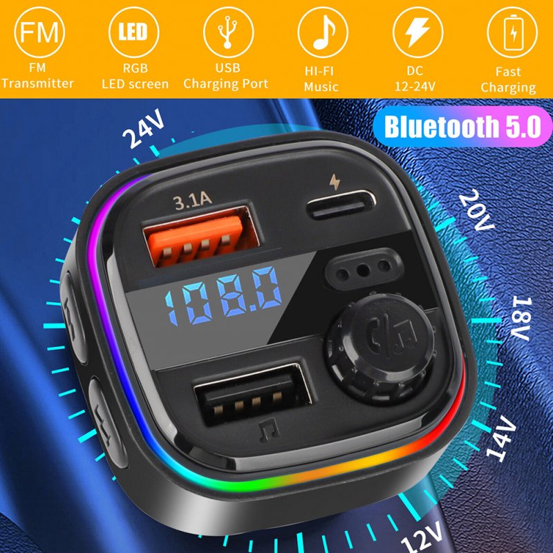 C26 FM Transmitter For Car Bluetooth 5.0 Hands-free Call RGB Backlight Dual USB Car Charger MP3 Music Player 