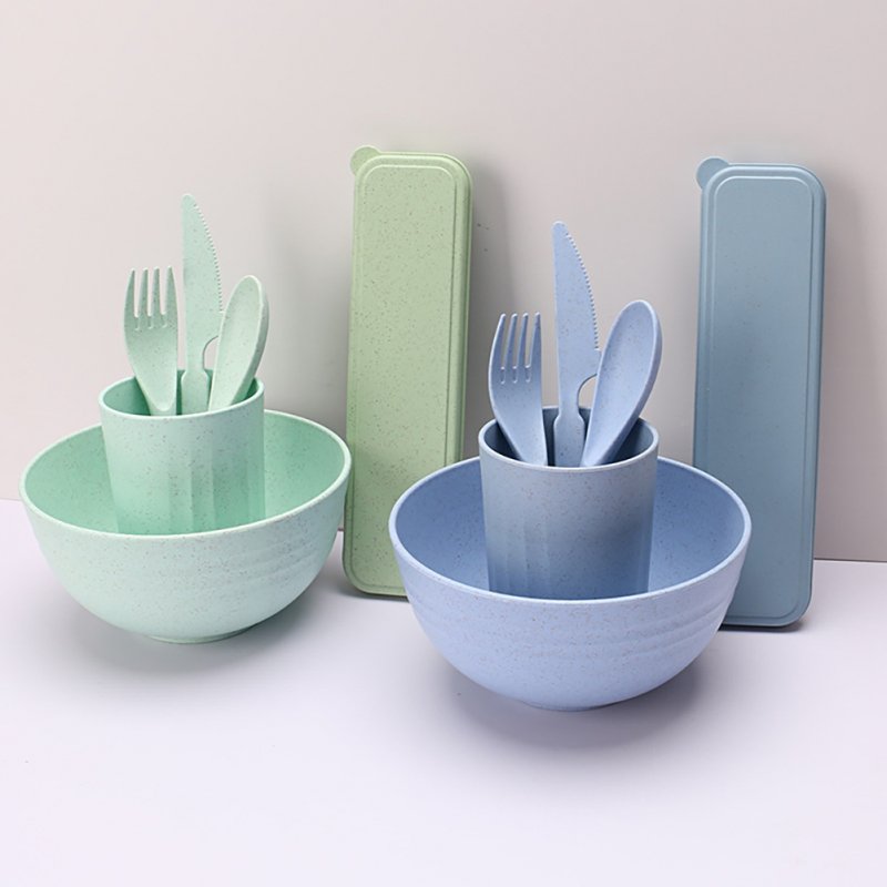 29pcs Cutlery Set Reusable Non-slip Wear-resistant Household Wheat Straw Bowl Cup Plate Knife Fork Spoon Tableware