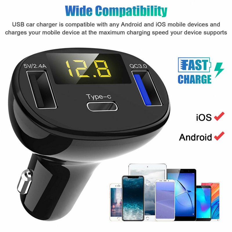 USB And Type-C Port Car Charger with Led Real-time Digital Display Fast Charging Adapter 