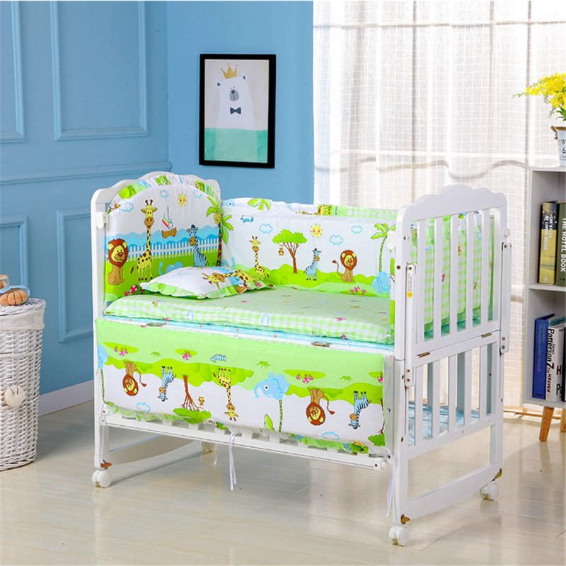 5Pcs Cartoon Animated Crib Bed Bumper 100%Cotton Comfortable Children's Bed Protector Baby Washable Set Forest kingdom_90*50
