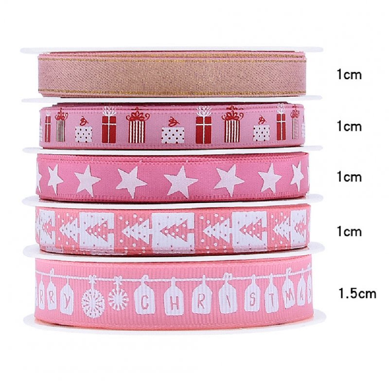 5Pcs/Set Christmas Printing Ribbon Gift Packing Decoration Diy Ribbons Roll Pink-C