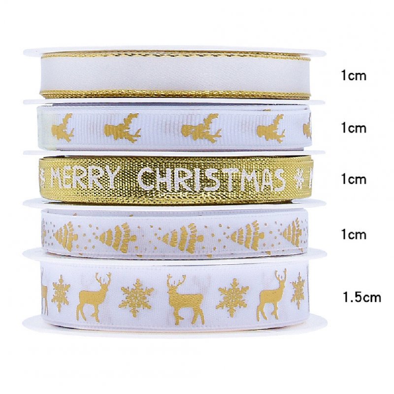5Pcs/Set Christmas Printing Ribbon Gift Packing Decoration Diy Ribbons Roll Gold-D