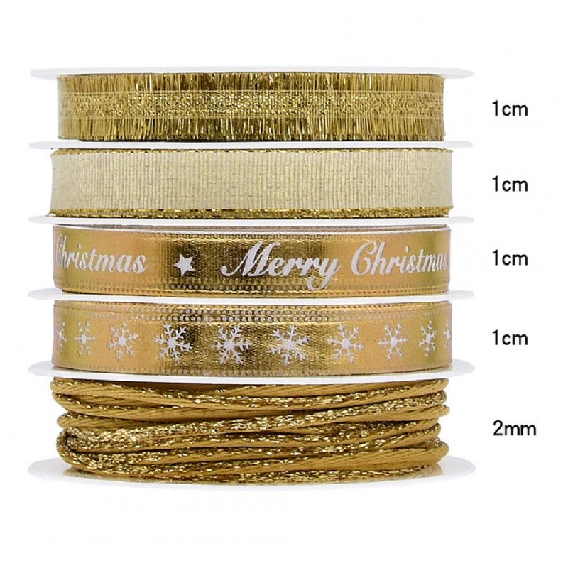 5Pcs/Set Christmas Printing Ribbon Gift Packing Decoration Diy Ribbons Roll Gold-E