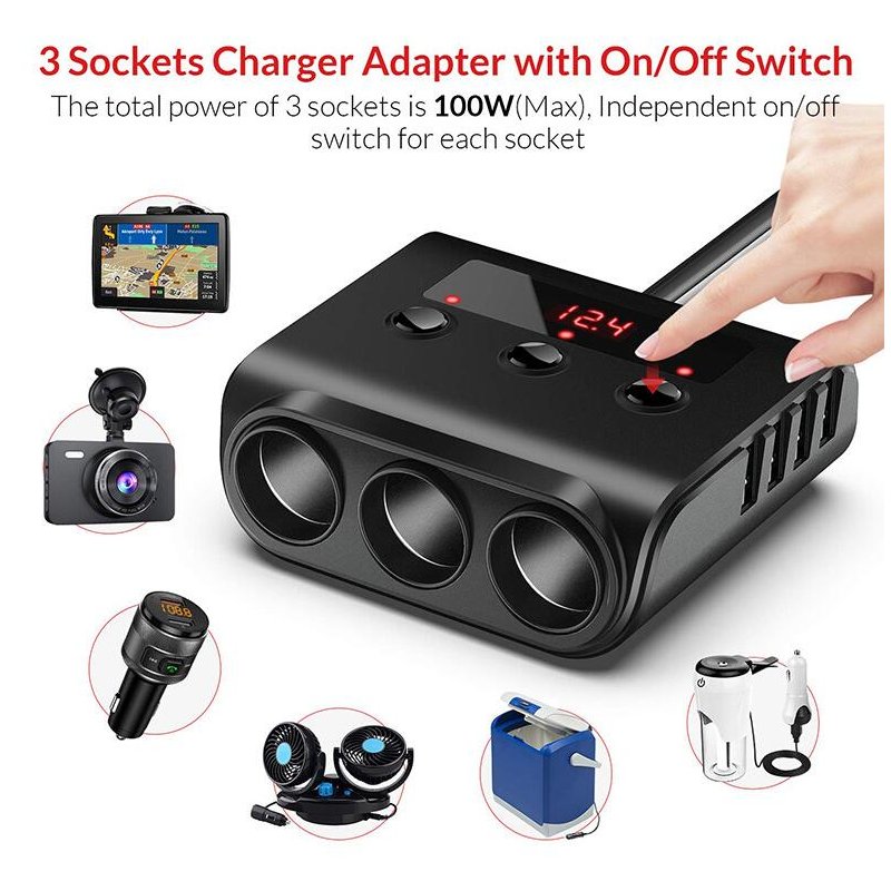 3 Way Car Cigarette Lighter Adapter 12V-24V Socket Splitter Plug LED 4 USB Charger Adapter For Phone MP3 DVR 