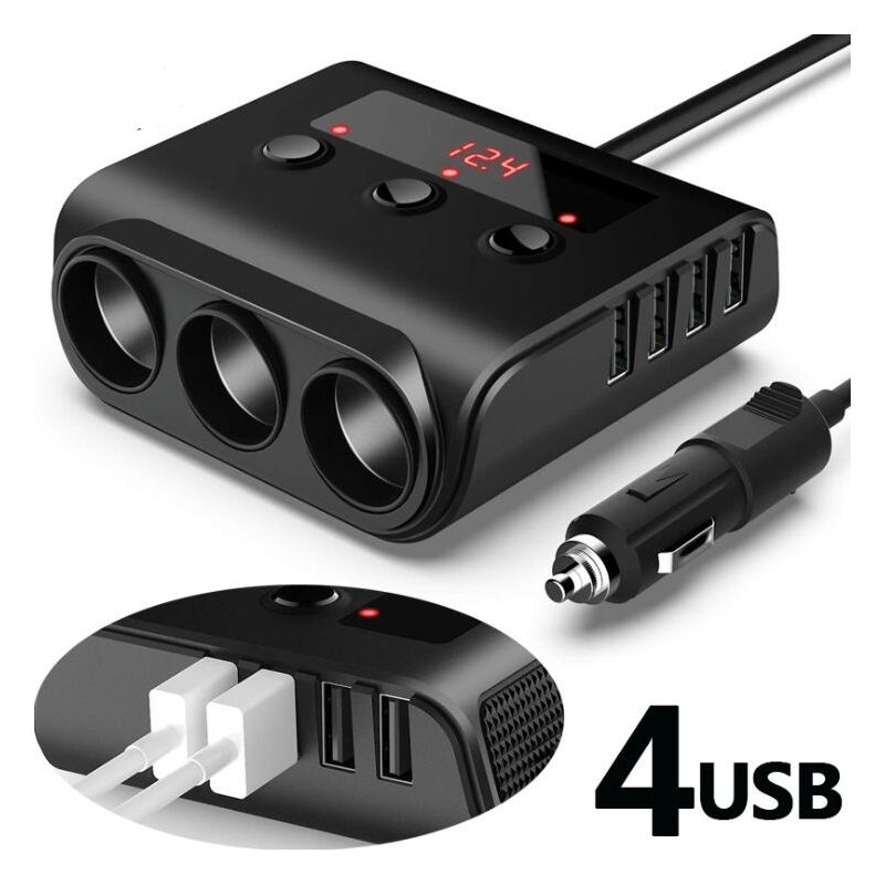 3 Way Car Cigarette Lighter Adapter 12V-24V Socket Splitter Plug LED 4 USB Charger Adapter For Phone MP3 DVR 