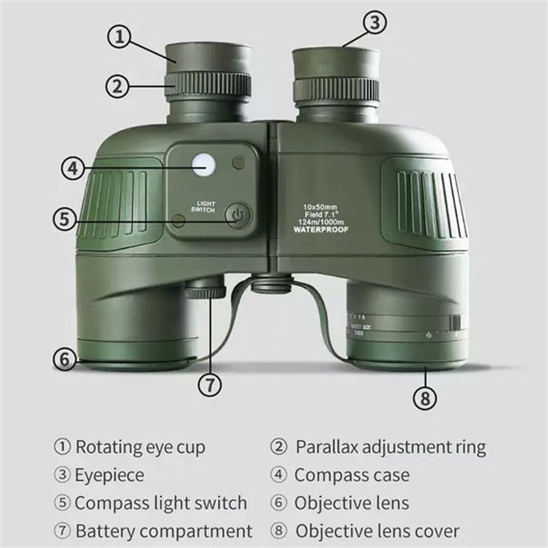 10x50 Binoculars High-power Hd with Compass Infrared Ranging Nitrogen-filled Waterproof Telescope Army Green