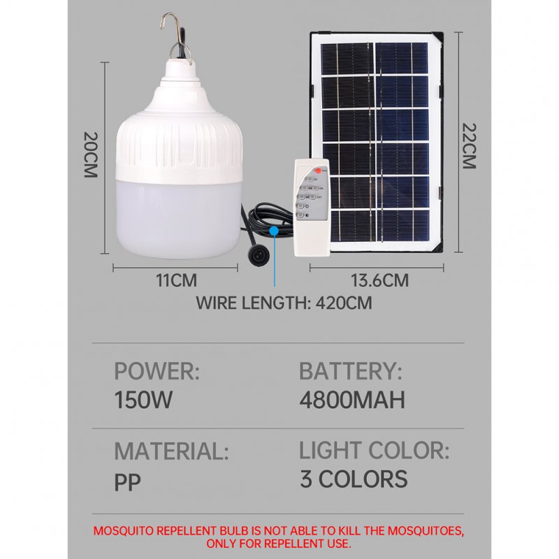 150w Solar Led Light Bulb Dimmable Adjustable Brightness 3-color Mosquito Repellent Light with Solar Panel