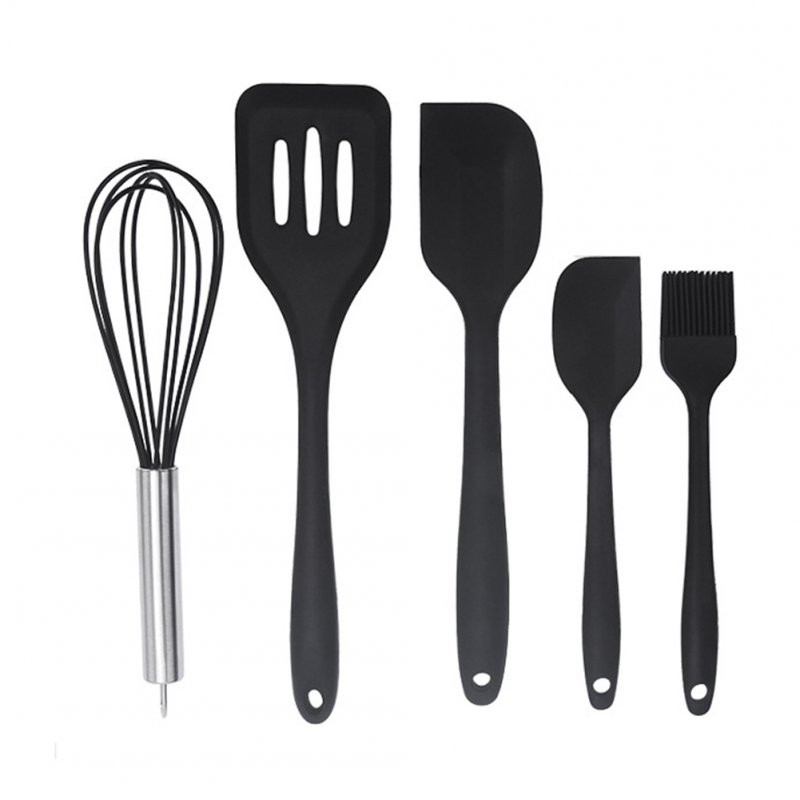 5pcs Silicone Kitchen Utensils Set With Scraper Spatula Egg Beater Heat Resistant Non-stick Baking Tools black