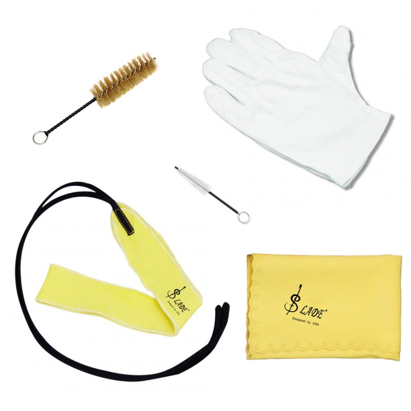 5pcs/lot Trumpet Cleaning Tools Care Suit Tube Cloth Piston Brush Mouthpiece Brush Wiper Gloves Kit yellow