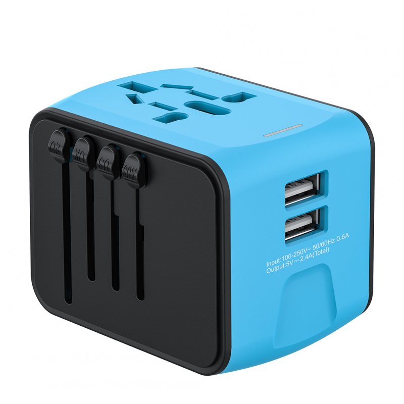 Travel Charger Multi-functional 2usb Charging Stand Us Eu Uk Au Plug International Universal Converter Charger Multi-country conversion 199-2U blue
