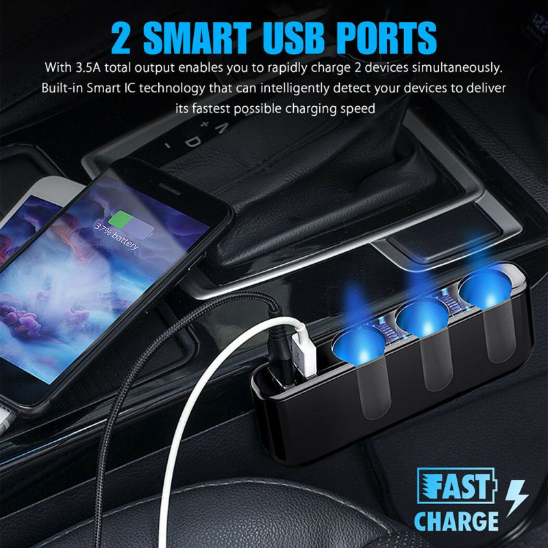 3-way Car  Charger Power Adapter Dual Usb Ports Car Cigarette Lighter Socket Splitter 