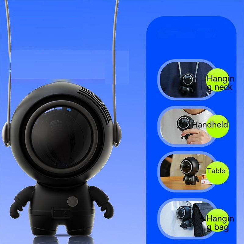 6.5w Portable Handheld Astronaut Hanging Neck Fan 3 Speed Adjustable Leafless Usb Mini Cooling Fan black