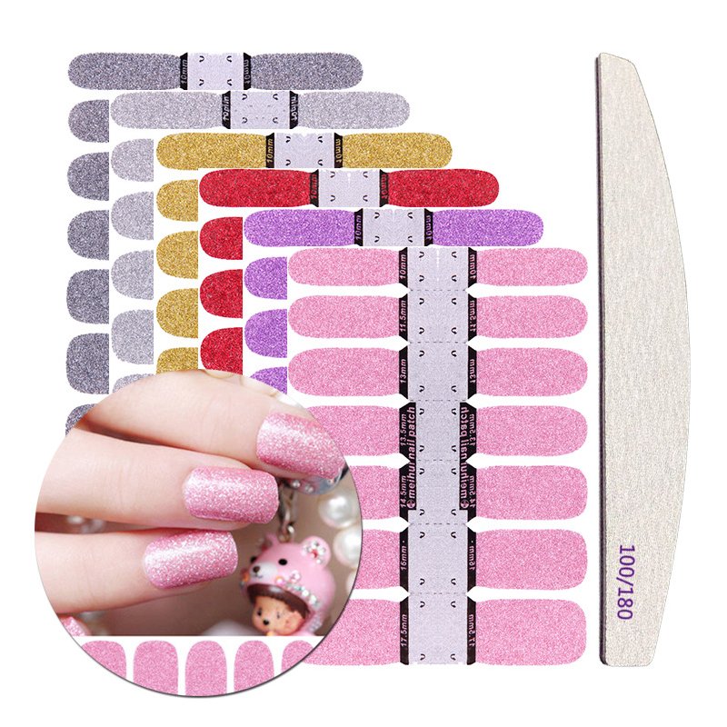 6 Colors Nail Stickers + Nail File Glitter Full Wrap Adhesive Decals DIY Nail Art Decoration