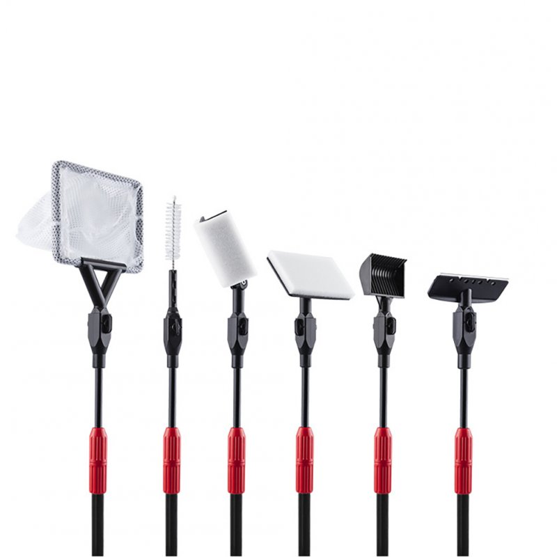6 In 1 Aquarium Clean Set Fish Tank Cleaning Tools Kit Fish Tank Net Gravel Rake Algae Scraper Fork Sponge Brush Glass Cleaner For Acrylic & Glass Tank Six-in-one telescopic model