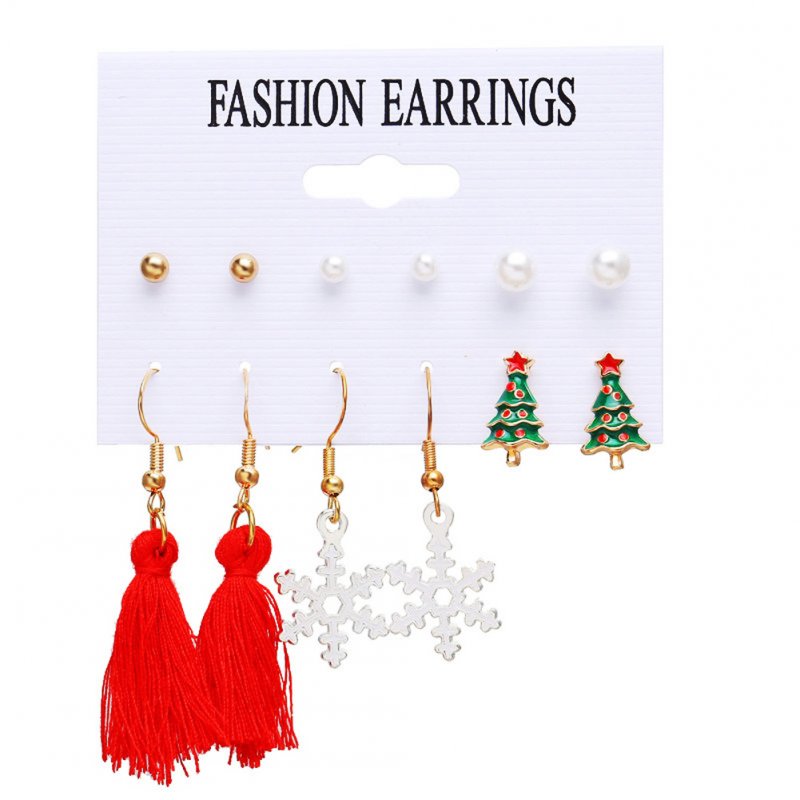6 Pair of  Christmas Earrings   Set  Pearl  Tassel  Snowflake  Earrings Golden