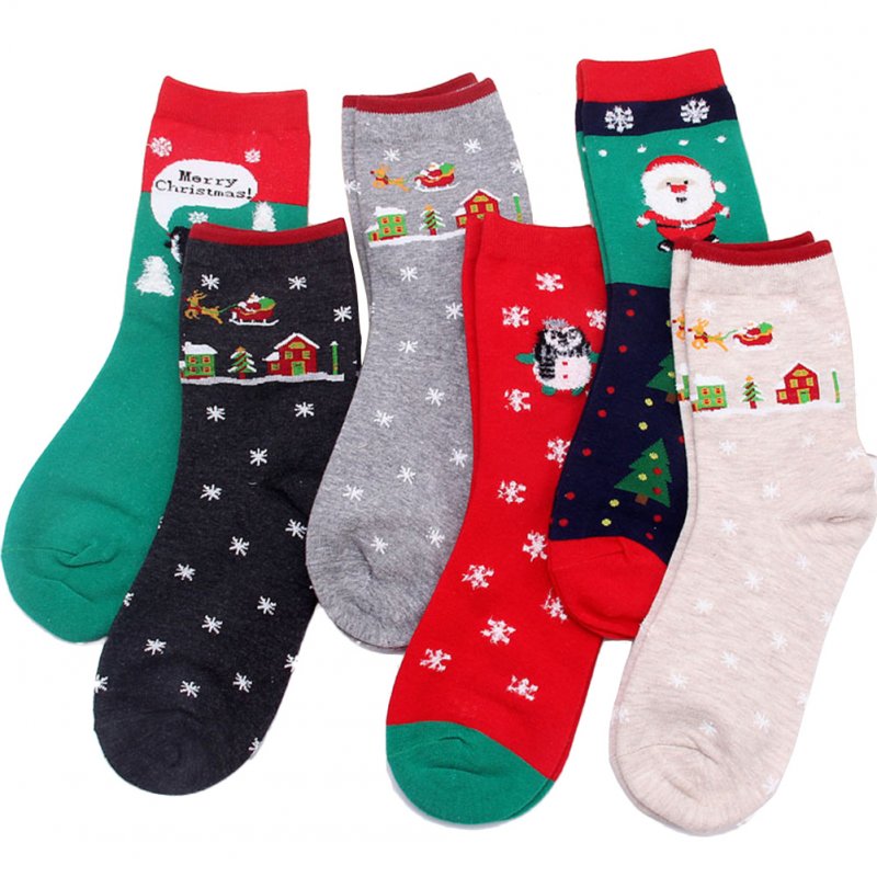 6 Pairs Women's Christmas Cartoon Casual Socks All-match Two Colors Christmas Tree Snowflakes Deodorant Breathable Long Thin Cotton Socks