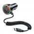 60W Car Charger USB C QC3 0 Fast Charging PD30W Type C Coiled Cable 3 Port Cigarette Lighter USB Charger With Fantasy Ring Night Light 12V 24V Universal black U