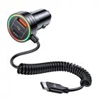 60W Car Charger USB C QC3.0 Fast Charging PD30W Type C Coiled Cable 3-Port Cigarette Lighter USB Charger With Fantasy Ring Night Light 12V-24V Universal black US-CC167 C33