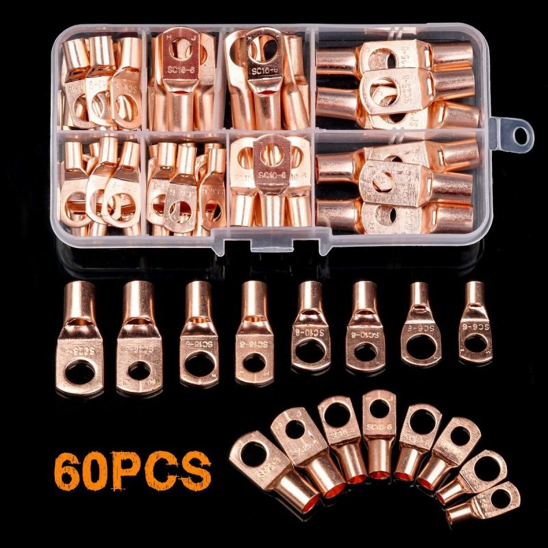 60X Assorted Car Auto Copper Ring Lug Terminal Wire Bare Cable Crimp Connectors 60-piece set