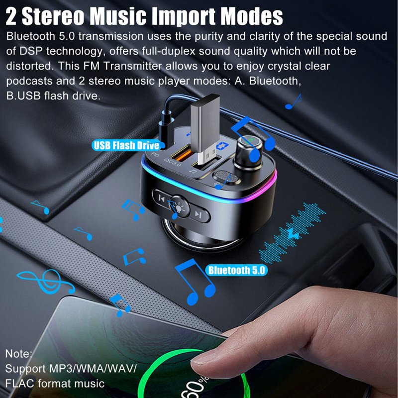 Wireless FM Transmitter For Car Bluetooth 5.0 FM Radio Adapter Music Player Car Kit With Hands-Free Calling 