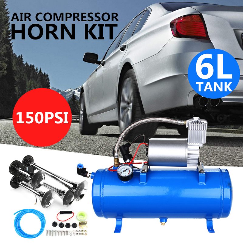 6L 150Psi Chrome Trumpet Vehicle Air Horn 12V Compressor Tubing for Car 4 horn + compressor