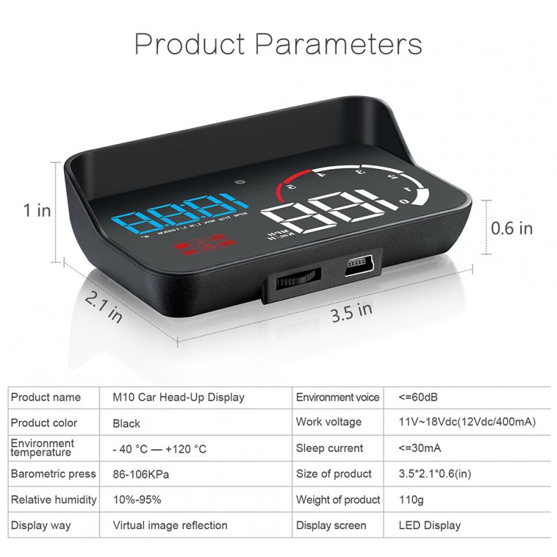 Car Hud Head-up Display M10 HD Windshield Projector Obd Overspeed Warning 