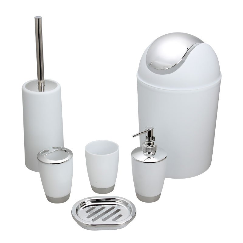 6Pcs/Set Trash Can Toilet Brush Liquid Dispenser Soap Box Cup Toothbrush Holder Set for Bathroom white