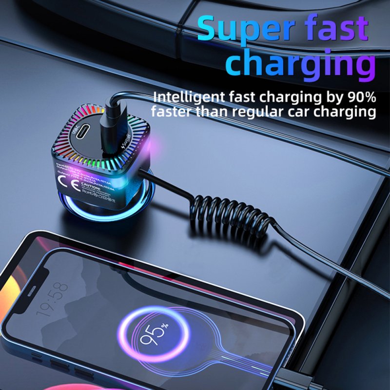 USB C Car Charger With 100W Type C Coiled Cable FM Transmitter Wireless Audio Receiver Car MP3 Player With Ambient Light 