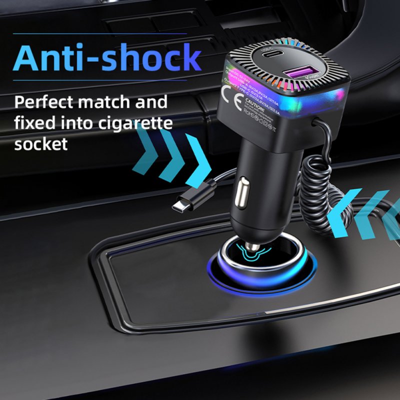 USB C Car Charger With 100W Type C Coiled Cable FM Transmitter Wireless Audio Receiver Car MP3 Player With Ambient Light 
