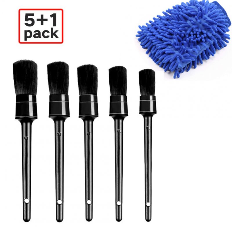 6pcs Detailing Brush Set 5 Different Sizes Auto Detail Brush Kit with Free Car Wash Mitt Natural Boar Hair Brushes Black detail brush