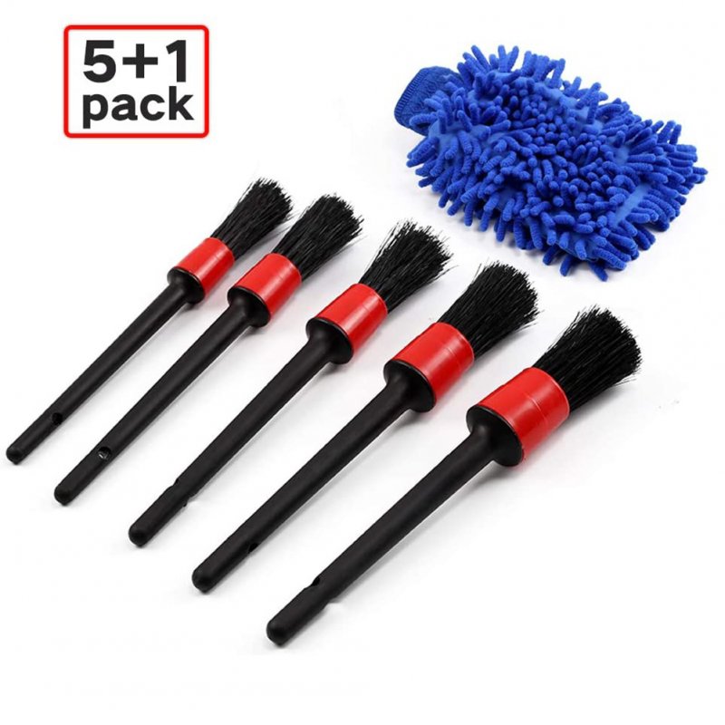 6pcs Detailing Brush Set 5 Different Sizes Auto Detail Brush Kit with Free Car Wash Mitt Natural Boar Hair Brushes Red detail brush