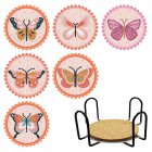 6pcs Diy Round Butterfly Diamond Painting Coasters Kits With Holder Cork Base Diamond Painting Art Coaster as shown in the picture