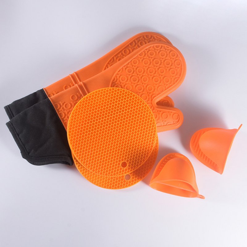 6pcs Kitchen Silicone Oven Mittens Set Heat Resistant Anti-scalding Mini Oven Gloves With Hot Pads Pot Holders orange