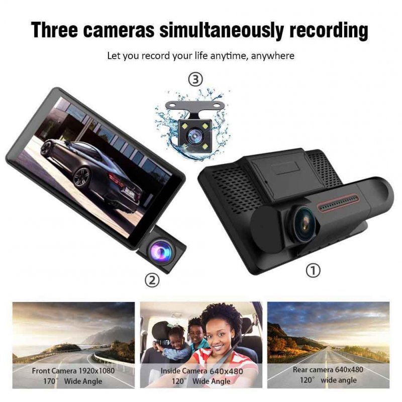 Dash Cam Front Rear Inside 3 Channel Car Camera 4inch Ips Display Ir Night Vision Loop Recording 