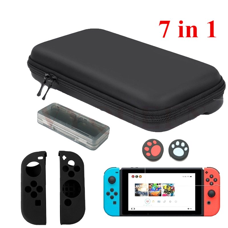 7 in 1 Safe Protection Storage Bag Cover + Tempered Glass Screen + Game Card Storage Box + 2 Controller Silicone Case + 2 Controller Thumbsticks Caps