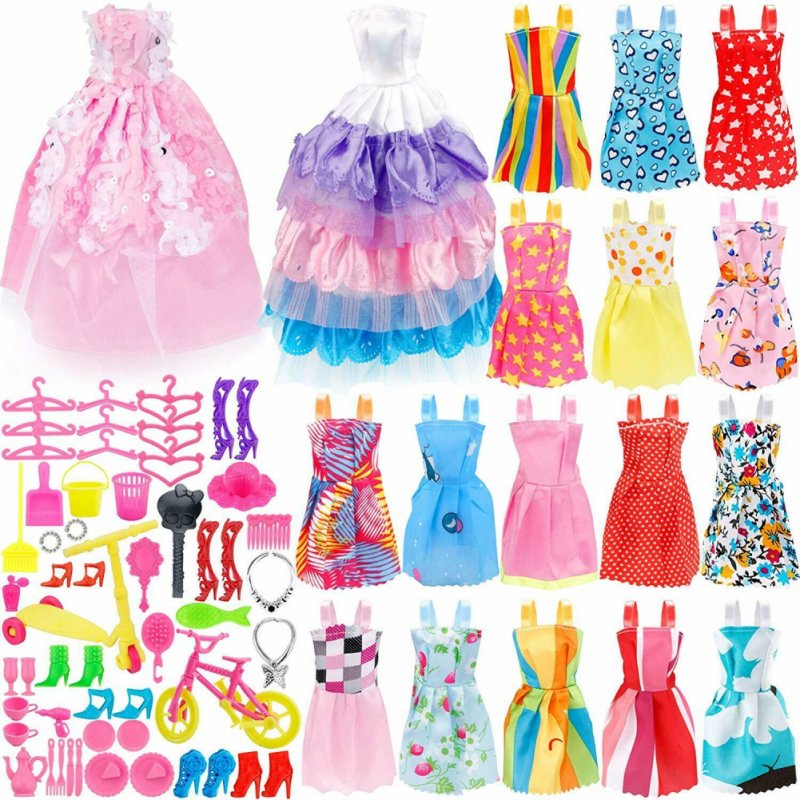 73Pcs Doll Clothes Party Gown Shoes Bag Necklace Hanger Toy Accessories Random Color