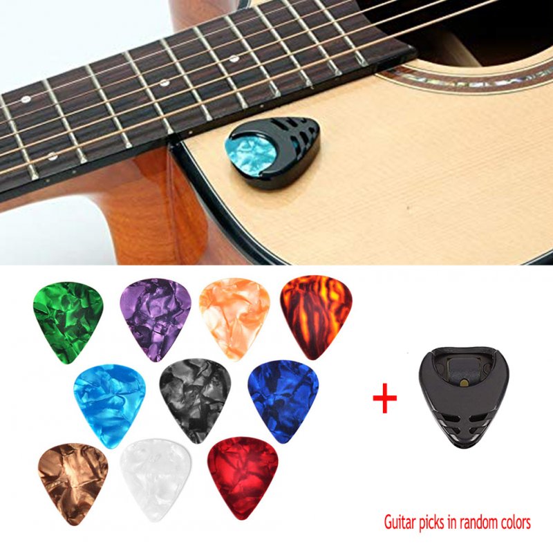 10 Pcs Guitar Picks & Guitar Pick Holder Set for Acoustic Guitar Electric Guitar Bass Ukulele Stick-on Holder (Picks Random Color) 