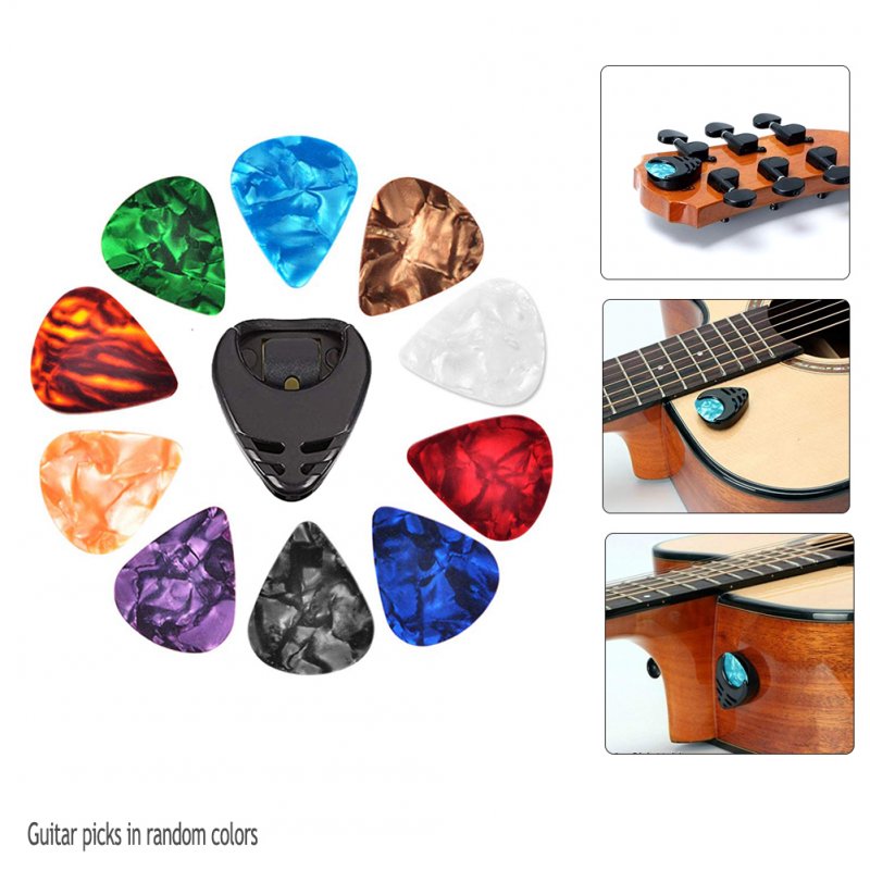 10 Pcs Guitar Picks & Guitar Pick Holder Set for Acoustic Guitar Electric Guitar Bass Ukulele Stick-on Holder (Picks Random Color) 