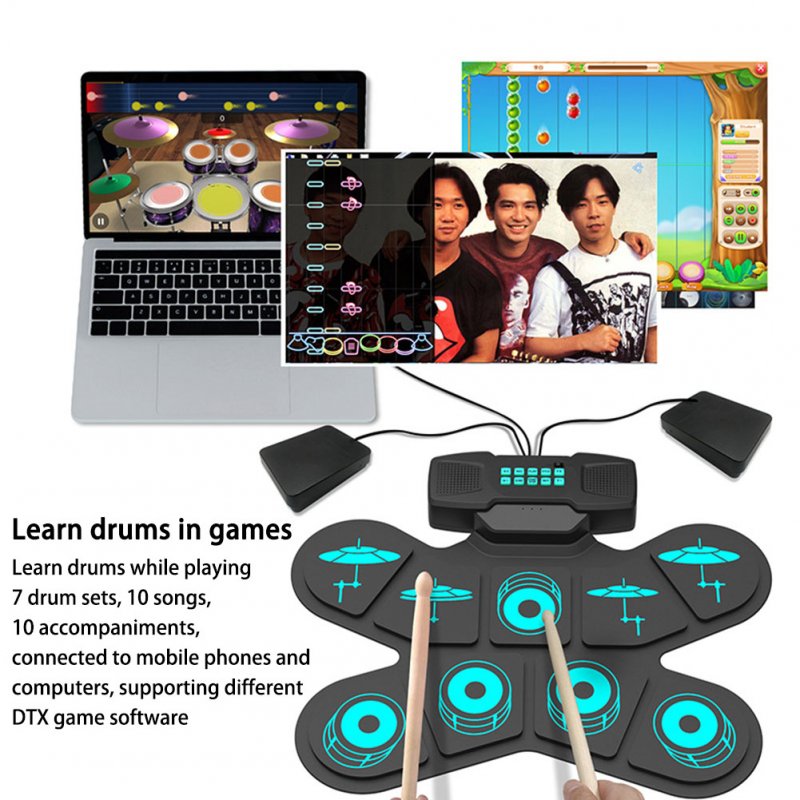 Electronic Drum Sets Roll Up Beginner Practice Pad Double Horn Rechargeable MIDI Drum Pad Children DTX Games 
