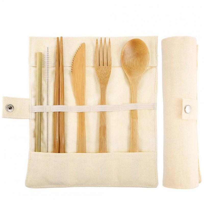 7Pcs/Set Portable Kids Bamboo Cutlery Set with Straw for Travel Beige