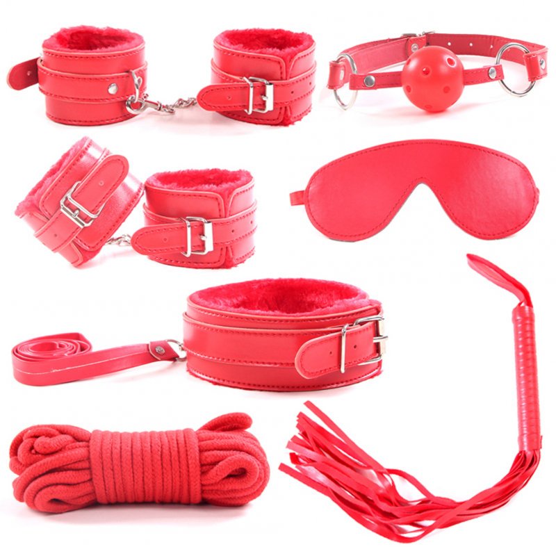 7Pcs/set SM Game Bed Restraint Kit Leather Bondage Handcuffs Fetter Eye Mask Rope Sex Toy for Couple Adult red