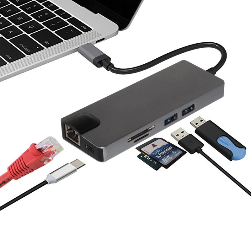8 in 1 USB C Hub HDMI VGA Ethernet Lan RJ45 Adapter for Macbook Pro Type C Hub Card Reader 2 USB 3.0 + Type-C Charging Port gray
