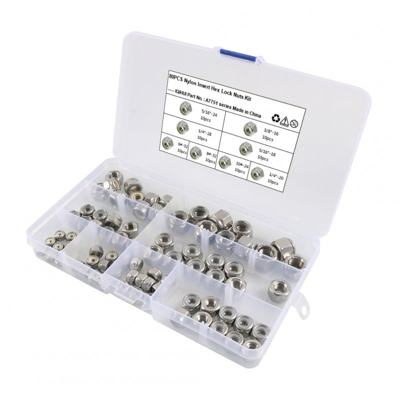 80Pcs Hex Nut Assortment Set Nylon Locking Nuts Hardware Kit 8 Specifications Hex Locking Nuts Hardware silver