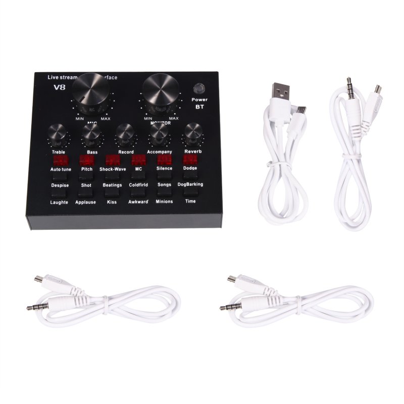 V8 Multifunctional Live Sound Card USB Audio Interface Intelligent Volume Adjustable Audio Mixer Sound Card for Recording Hosting Speech  