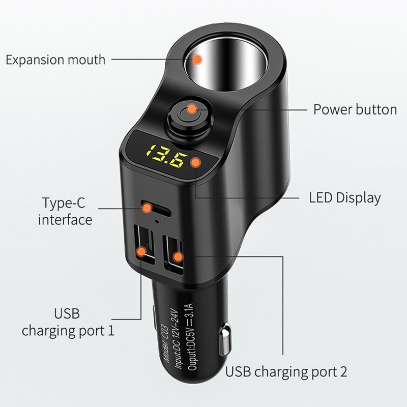 Car Charger Extension Cigarette Lighter Adapter Socket Splitter 2 USB 1PD Ports Voltage Meter 12V/24V Automobile Outlet 