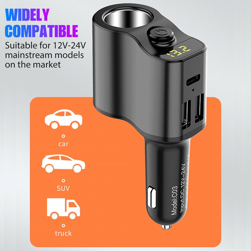 Car Charger Extension Cigarette Lighter Adapter Socket Splitter 2 USB 1PD Ports Voltage Meter 12V/24V Automobile Outlet 