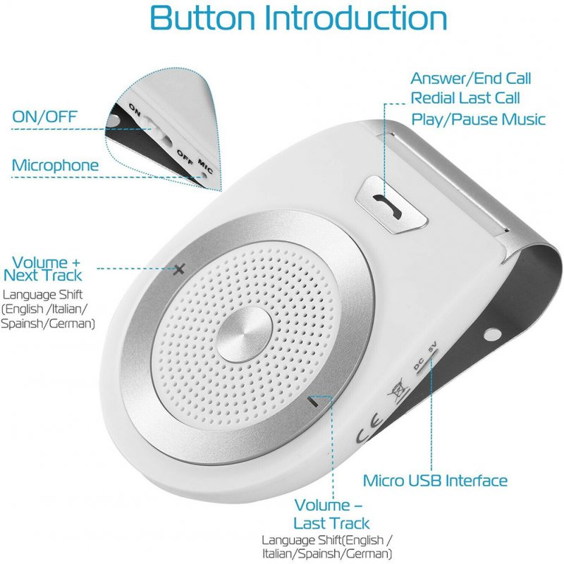 Wireless Car Speakerphone Kit Sun Visor Bluetooth Hands-free Speaker Phone HD Stereo Audio Black
