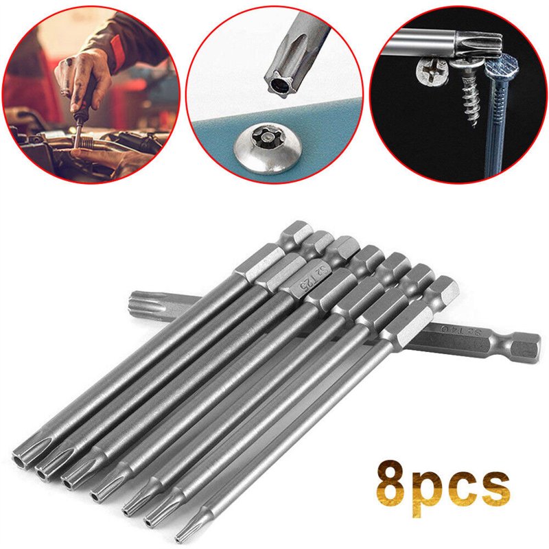 8Pcs Screwdriver Bit With 1/4'' Shank 150mm 200mm Screw Wrench Magnetic Star T8 T10 T15 T20 T25 T27 T30 T40 100mm
