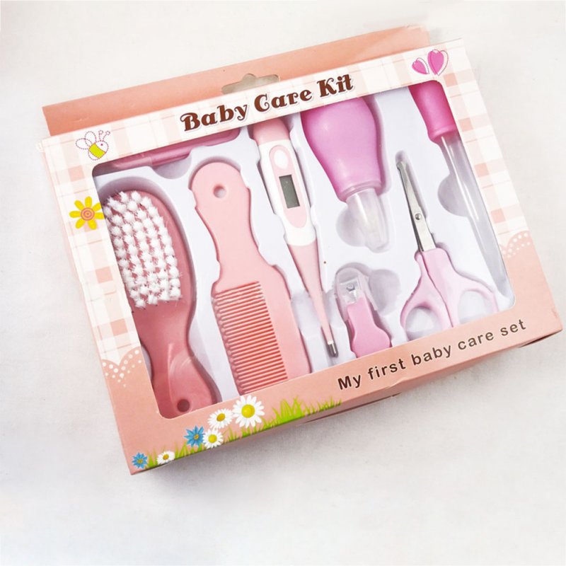 8Pcs/Set Baby Kids Nail Hair Health Care Set Thermometer Nose Cleaner Safety Tools Newborn Baby Care Grooming Brush Kit pink