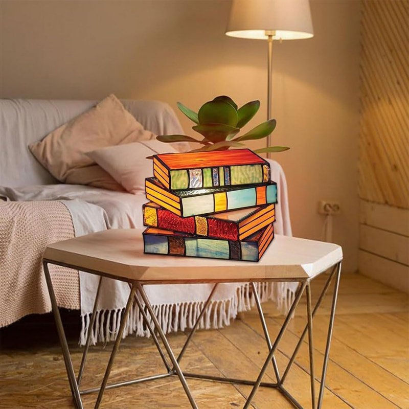 Stained Glass Stacked Books Lamps Handcrafted Glass Nightstand Desk Book Lamps Resin Handicraft Table Lamp 